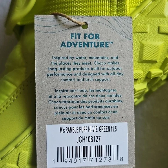 NWT Chaco Ramble Puff Mens 11.5 Hi Viz Green Fleece Lined - Picture 6 of 9